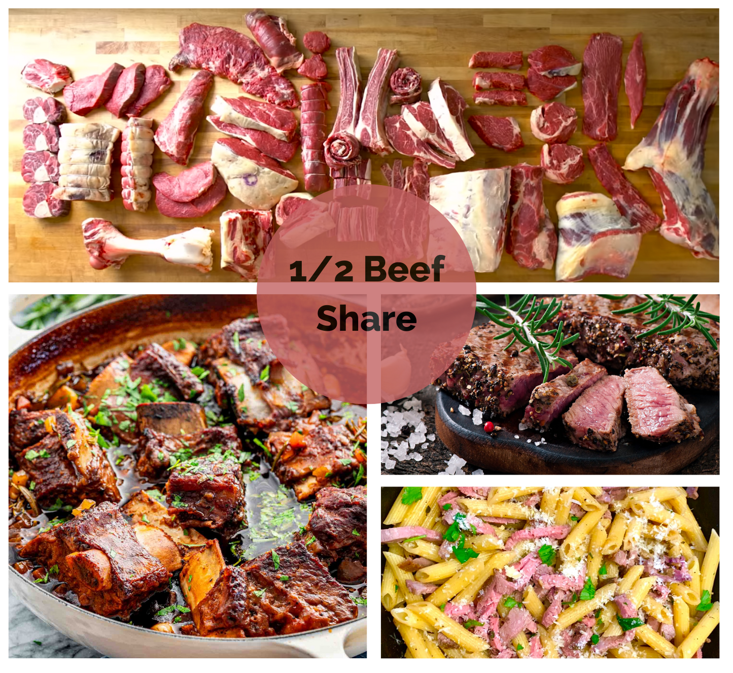 A collage image providing examples of beef preparation for english style short ribs, NY strip steak, top round roast sliced into penne pasta, and a half of beef carcass uncooked on a butcher block table