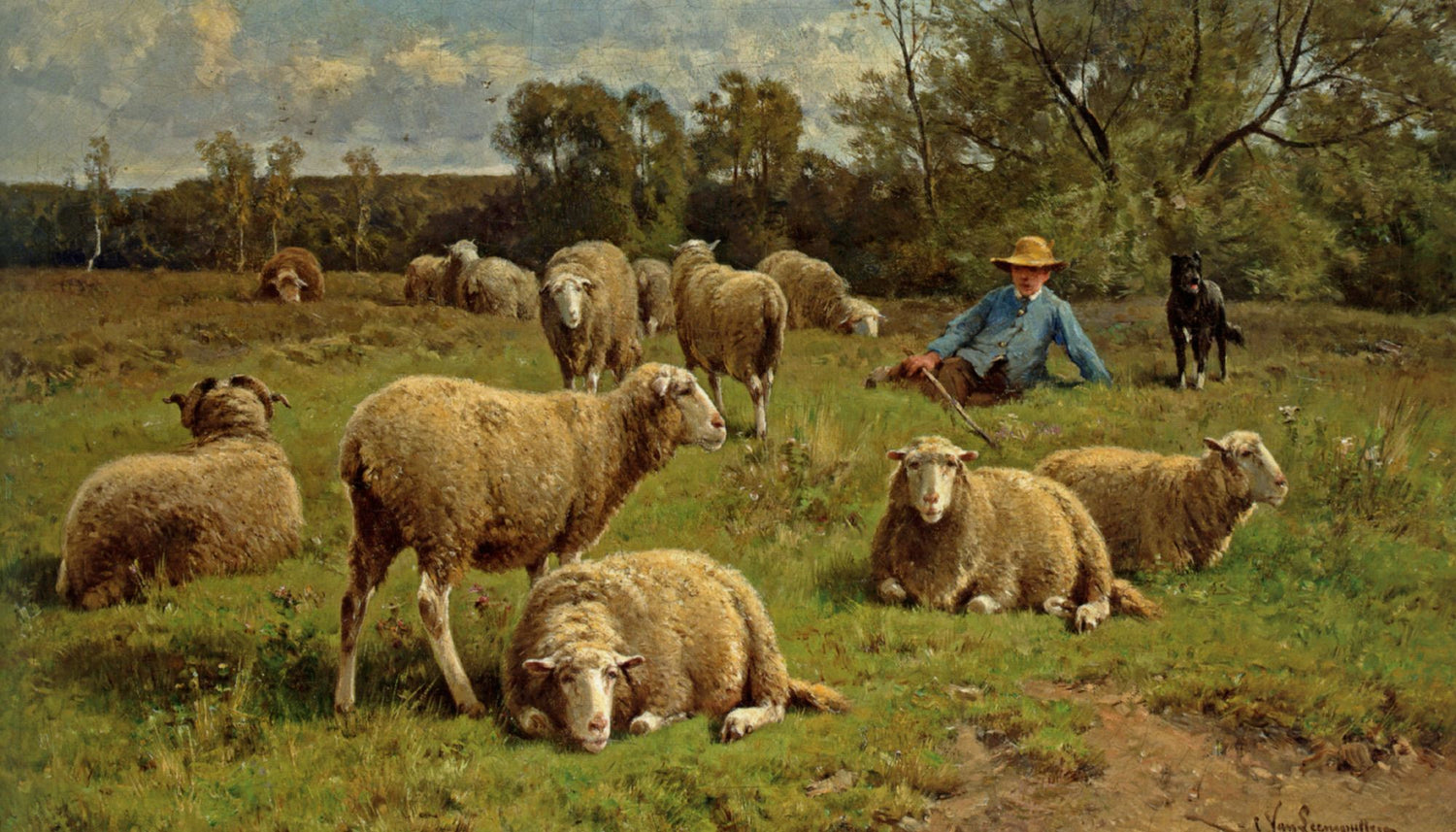 A shepherd and his sheep dog lying with a flock of sheep in the pasture