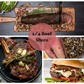 Examples of beef preparation including a grilled ribeye steak, a pecan and herb crusted top round roast, burger, and smoked beef tenderloin being sliced on a cutting board