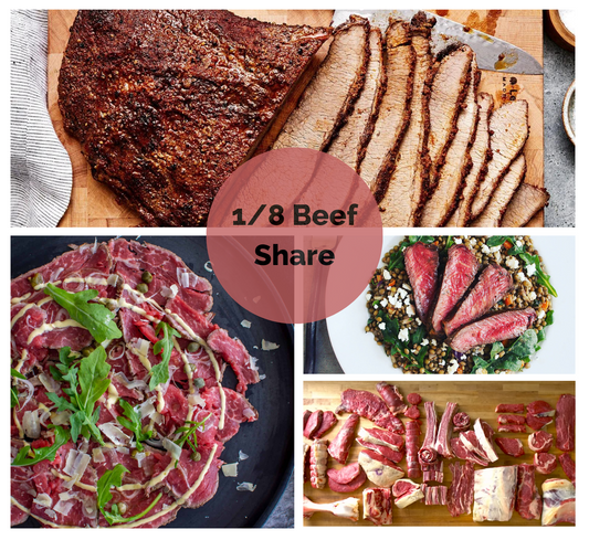 A collage image showing examples of beef preparation including beef carpaccio on platter, smoked beef brisket sliced on a cutting board, NY strip steak on a bed of fresh greens, and cuts of beef on a butcher block table.