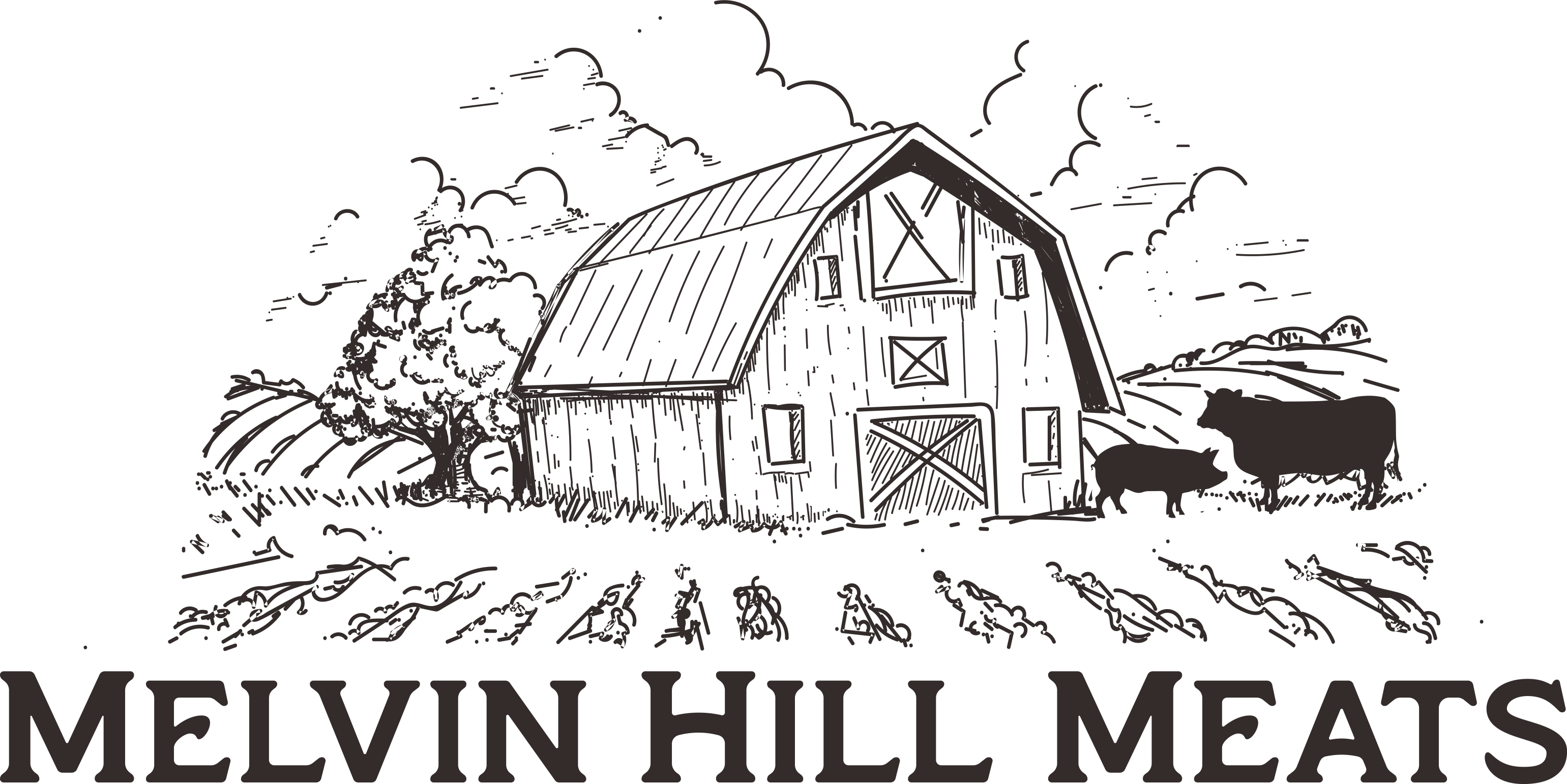 Melvin Hill Meats Logo image with a barn, rows of crops, a pig, and a cow