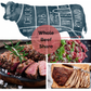 A collage image showing a simple black and white diagram of the parts of a beef carcass, grilled NY strip steak with herbs, beef carpaccio on a platter, and smoked beef brisket sliced on cutting board.
